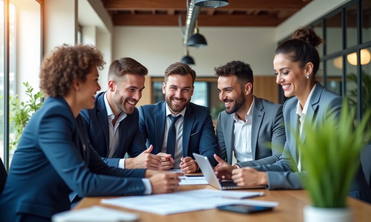 多様なビジネスパーソンが協力して会議を行っているモダンなオフィス